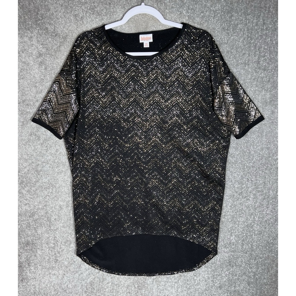 Lularoe Irma Metallic Gold Silver Chevron Top‎ Womens Sz XS Black Stretch Hi Low